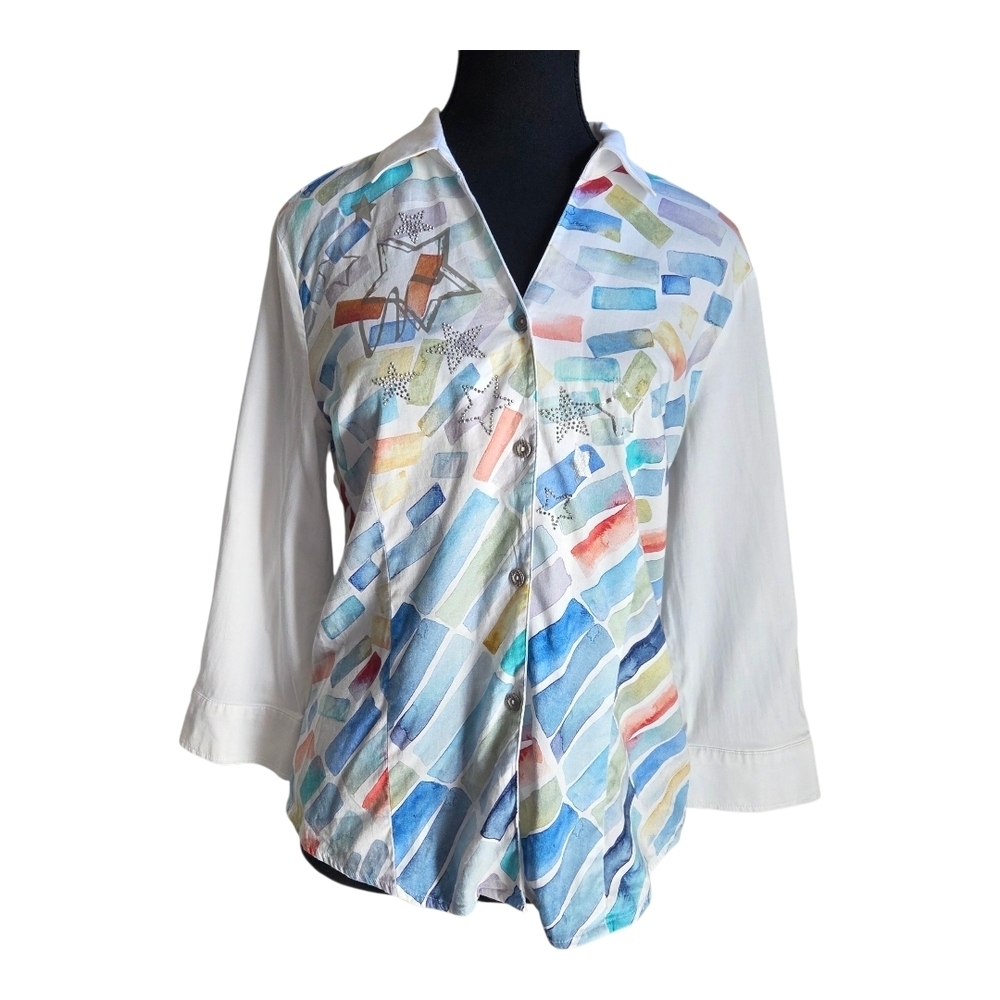 Dolcezza Colorful Geometric Button Down Shirt With Rhinestone Stars Size Med